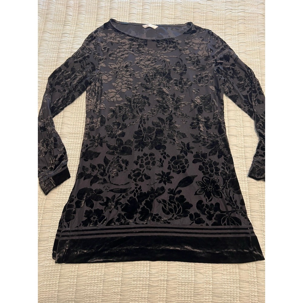 VTG Marks & Spencer Black Velvet Floral Sheer Long Tunic Top 6 Y2K Whimsigoth